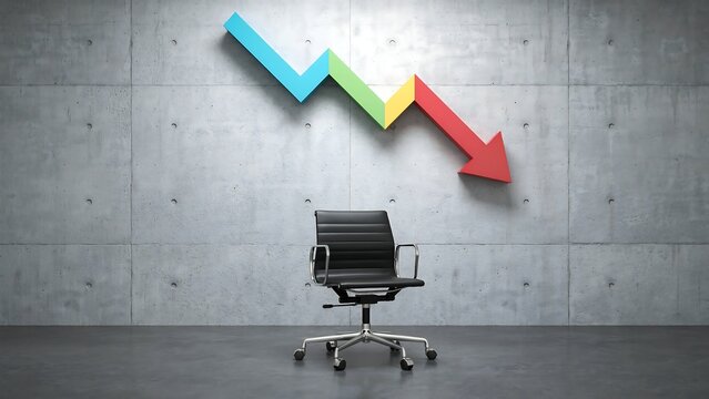 Empty office chair positioned in front of downward trending colorful arrow graph on concrete wall