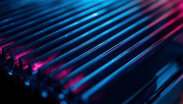 Extreme macro photography of a futuristic computer aluminum heatsink with subtle RGB lights.