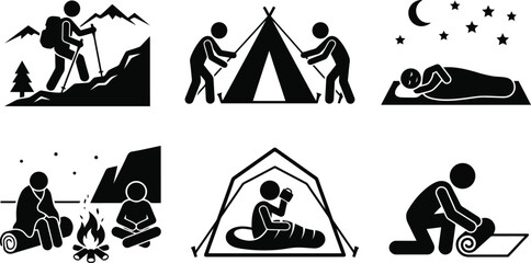 Camping icons set featuring people hiking tent sleeping campfire and outdoor adventure activities in black silhouettes © Jiya