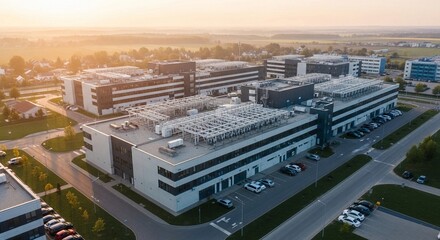 Fototapeta premium Sprawling modern technology facility complex with extensive infrastructure against an aerial view during sunrise