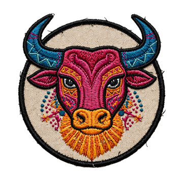 Embroidered patch featuring a stylized colorful bull head with geometric patterns and tribal details on a textured beige background embroidery colorful geometric decoration creative