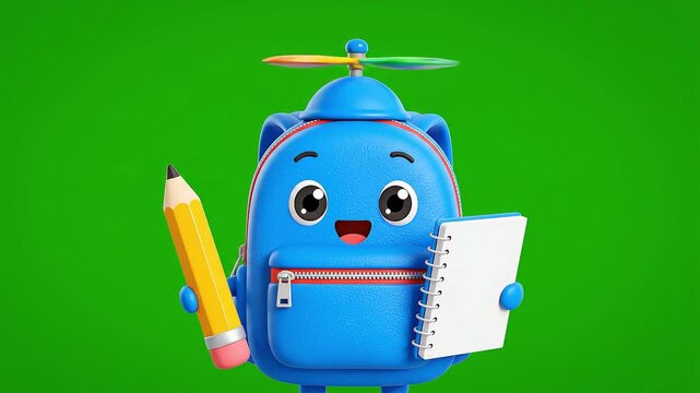 Cute blue cartoon backpack character with propeller hat holding a pencil and notebook on a green screen background, ready for school.