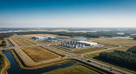 Obraz premium Vast Internet Exchange Facility Complex with Extensive Network Infrastructure Seen From Above