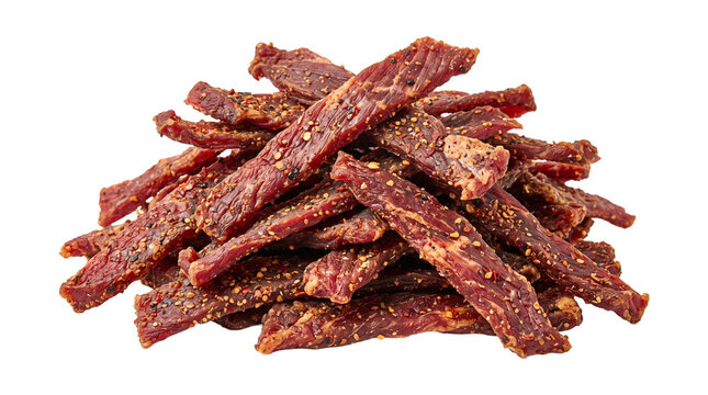 Stack of seasoned beef jerky strips with black pepper and spices for high protein snack food photography.