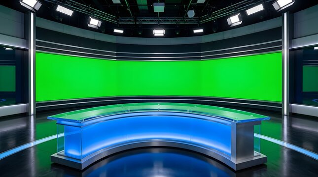 Modern news studio with green screen backdrop and empty glass desk