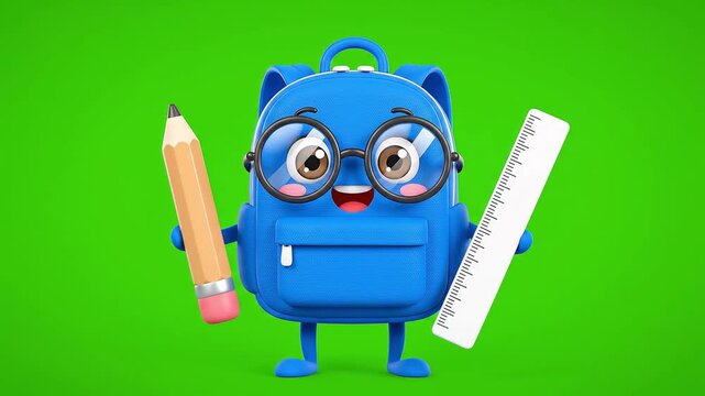 Cute blue cartoon backpack character with glasses holding a pencil and ruler on a green screen background, representing education and school supplies.