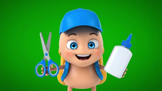 3D animated character holding scissors and glue on a green screen background, ready for crafting activities and school projects.