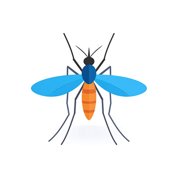Flat design mosquito icon with blue wings and orange body, isolated on white background, representing insect pest control