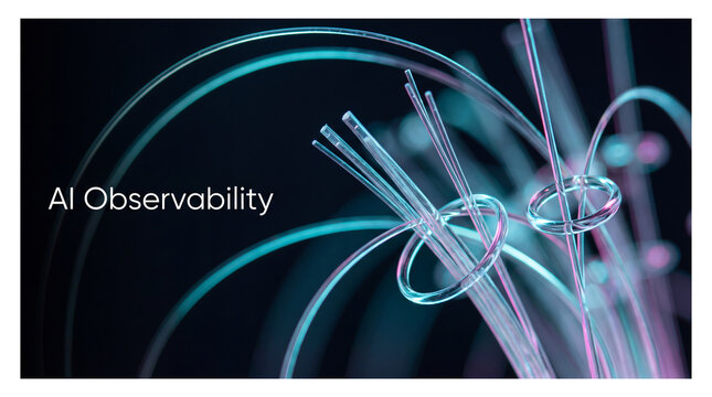 Abstract visualization of fiber optic cables with glowing blue and pink light, representing data connectivity and artificial intelligence observability concept with copy space