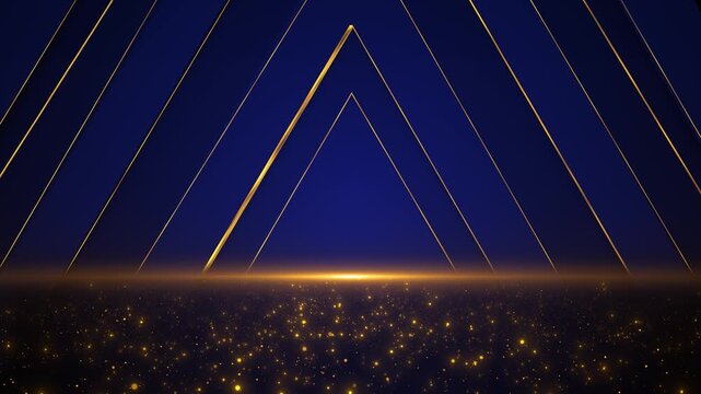 Blue gold triangle glowing geometric lines, sparkling floor particles, strong center perspective, cinematic depth. award titles, luxury intros, event screens, premium promos, elegant motion creators.