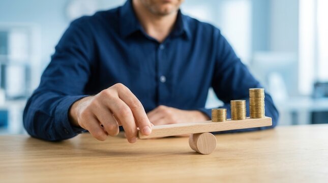Concept of financial balance between inflation and money leverage using coin stacks.