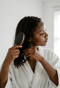 Young african american woman in a white bathrobe brushing her long dark hair after a shower, self care and beauty routine