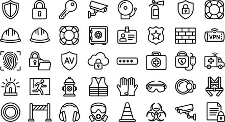 Fototapeta premium Safety and Security Icon Set with Lock, Shield, CCTV, Fire Safety, Protection, and Emergency Symbols for Websites and Industrial Designs