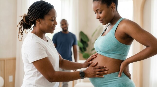A professional Black American doula assisting a pregnant woman during maternity care.