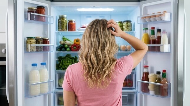 Confused woman with blonde hair looking into an open fridge.