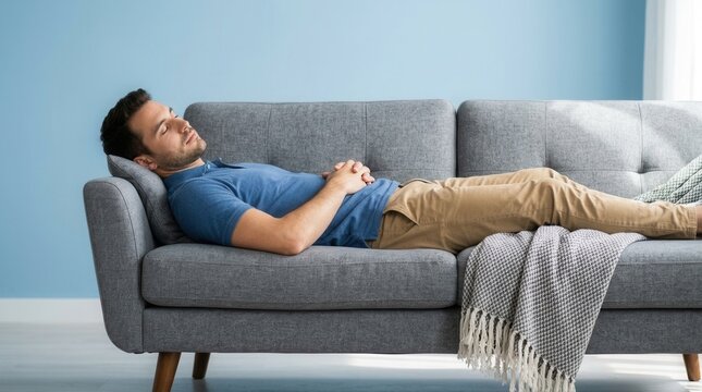 Tired man resting and sleeping on a comfortable couch in a living room.