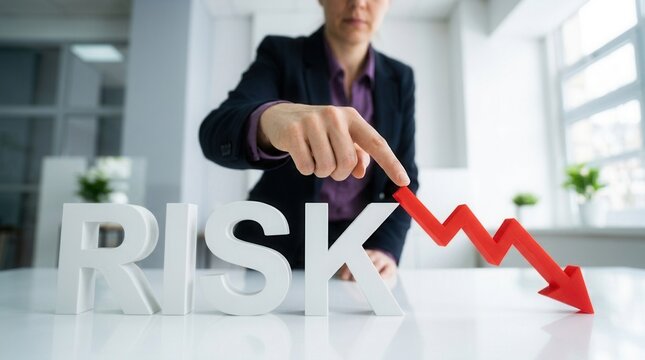A person's hand points to a declining red arrow over the word RISK.