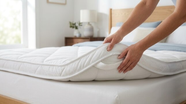 White memory foam mattress topper being placed onto a mattress.