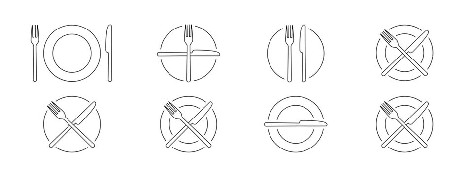 Set of cutlery icons, fork and knife on plate, dining etiquette symbols, vector illustration