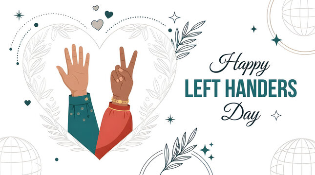 Illustration for international left handers day with diverse hands in heart shape frame, illustration