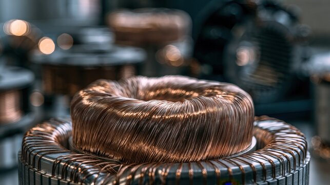 Coil of copper wire wraps tightly around a metal core