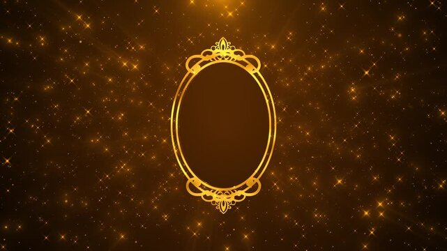Elegant golden oval frame ornate border, warm sparkles, luxury space titles or portraits. wedding , award reveals, festive greetings, royal invitations, photo slideshows, premium celebration promos.