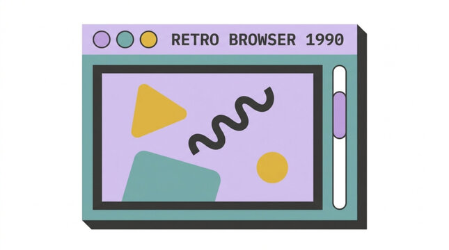 Retro style desktop computer window from 1990 with colorful geometric shapes and cursor highlighting nostalgia and vintage technology