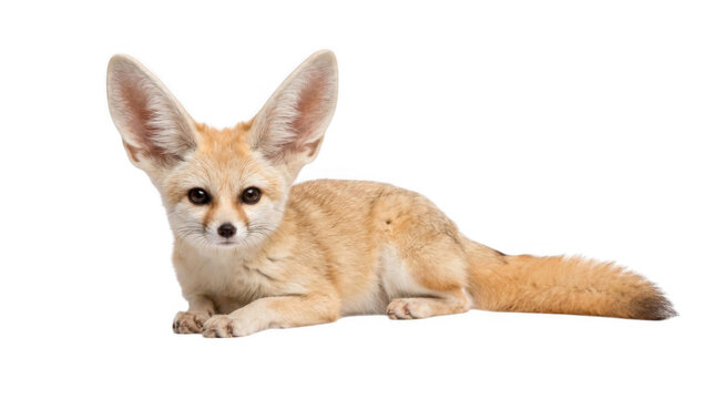 Cute fennec fox lying down and looking at camera isolated on transparent background