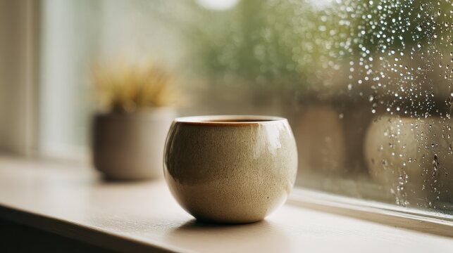 Cozy cup of coffee on windowsill with rain drops on window pane. A warm beverage sits on a wooden surface next to a window with raindrops, creating a peaceful and cozy atmosphere