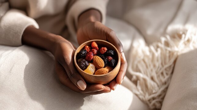 Hands holding a wooden bowl filled with dried fruits and almonds. A person's dark-skinned hands gently cradle a small wooden bowl brimming with a healthy mix of dried fruits and nuts