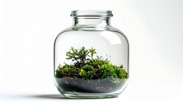Small green moss terrarium in glass jar on white background.