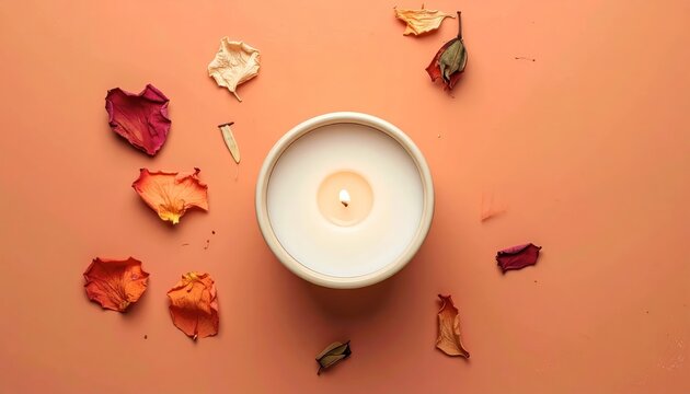 Lit candle with dried rose petals on orange background.