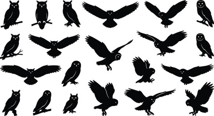 Fototapeta premium Black silhouette collection of owls in flight and perched positions for wildlife vector illustration design
