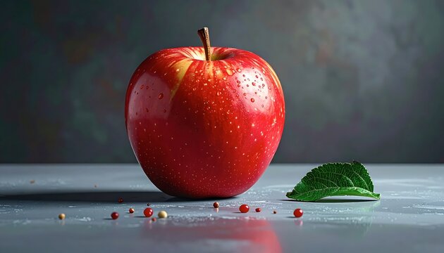 Fresh Red Apple with Water Droplets on Dark Surface.