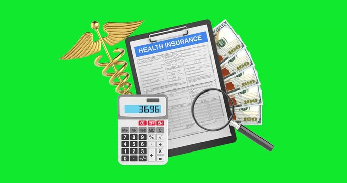 4k Resolution Video: Healthcare Cost Concept. Health Insurance Clipboard With Calculator, Money, Medical Symbol And Magnifying Glass Animated On Green Screen Chroma Key Background With Alpha Matte