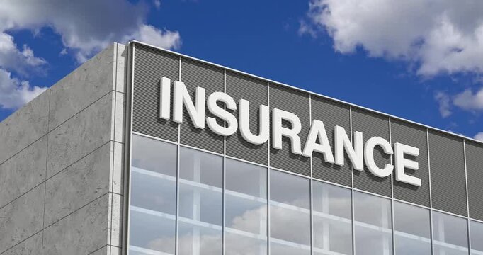 4k Resolution Video: Insurance Services Concept. Modern Insurance Company Building With a Large INSURANCE Sign On Blue Sky Animated Clouds Background