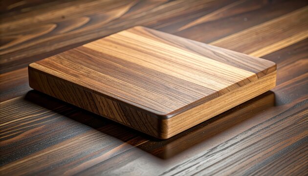 Polished wooden cutting board on dark wood surface.