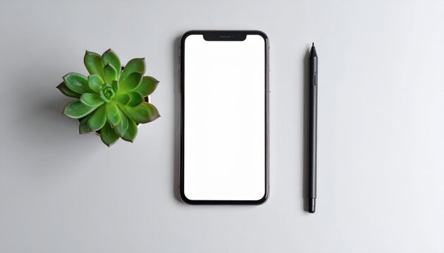 Modern smartphone pencil and succulent on light background.