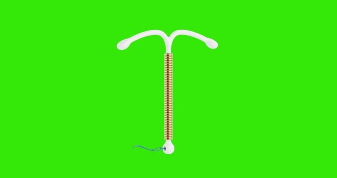 4k Resolution Video:  IUD Birth Control Concept. Copper Intrauterine Device With Blue Strings Seamless Loop Animated On White Background With Alpha Matte