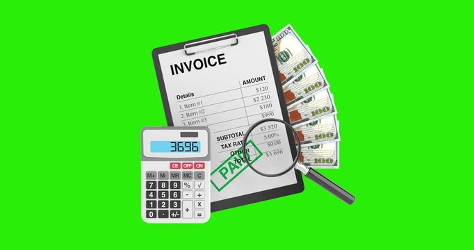 4k Resolution Video: Financial Payment Concept. Invoice With Calculator, Cash, Magnifying Glass And Paid Stamp Animated On Green Screen Chroma Key Background With Alpha Matte
