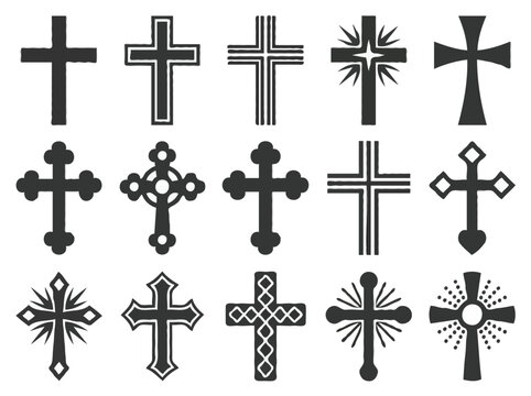 Christian cross vector icons set black crucifix shapes isolated on white background