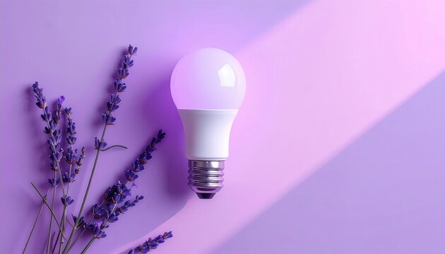 White Light Bulb and Lavender on Purple Background.