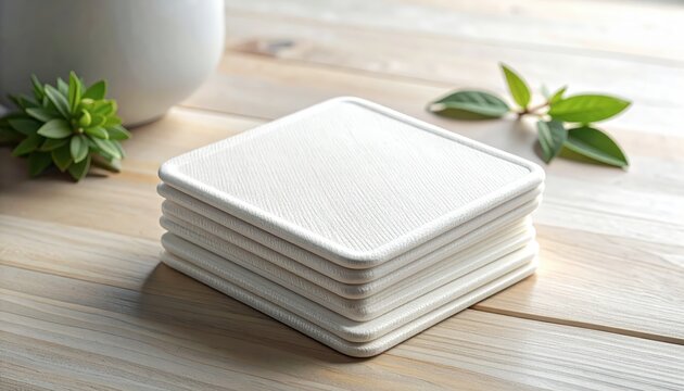 Stack of white cotton makeup remover pads on wooden table.