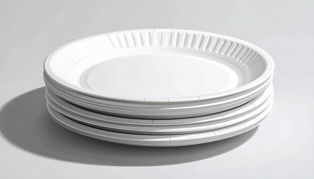 Stack of white ceramic plates on light background.