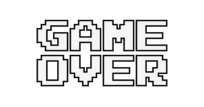 4k Resolution Video: Retro Pixel Game Over Concept. White Pixel Blocky Arcade Text With Black Outline In Old Computer Game Style Animated On White Background With Alpha Matte