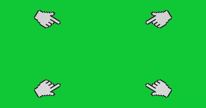 4k Resolution Video: Retro Pixel Game Interface Concept. Four Animated White Hand Cursor Pointers Framing Green Chroma Key Background With Empty Center And Old Computer Game Style With Alpha Matte