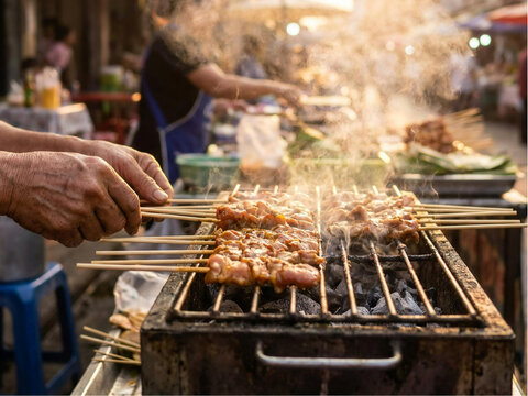 Street Food Vendor Grilling Chicken Satay Skewers over Charcoal Grill with Smoke