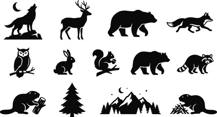 Fototapeta premium Black silhouette collection of woodland animals and forest nature elements in vector illustration design