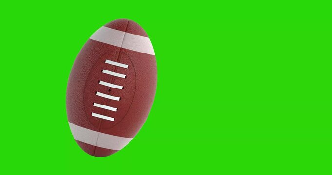 4k Resolution Video: American Football Game Concept. Brown Leather Football With White Laces Seamless Loop Rotating On Green Screen Chroma Key Background With Alpha Matte