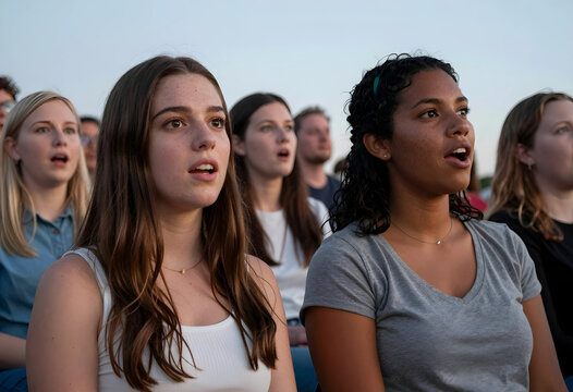 Diverse young women in an audience with open mouths, expressing surprise and engagement during an outdoor event, They are attentively watching an outdoor event